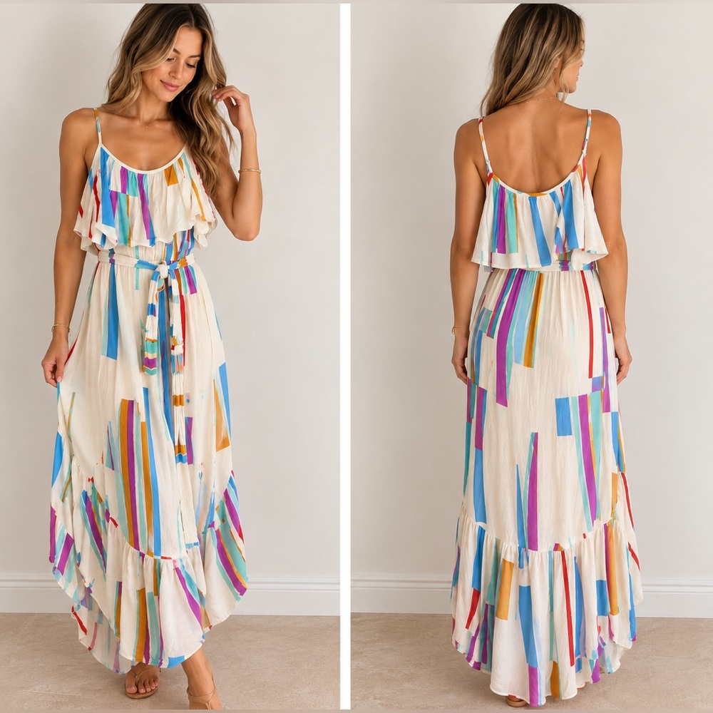 Lovestitch Colorful Stripe Ruffle Maxi Dress Size S